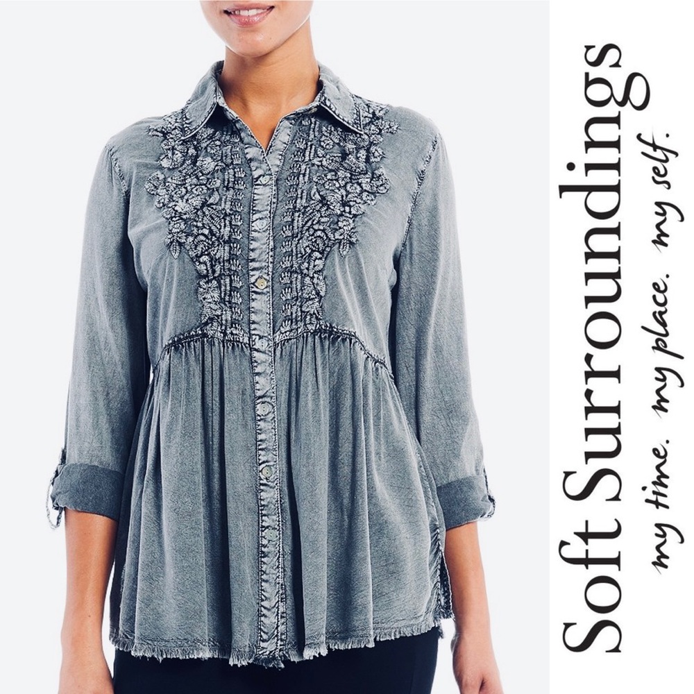NWOT SOFT SURROUNDINGS Embroidered Vintage Washed Roll-Tab SleeveTunic Size M